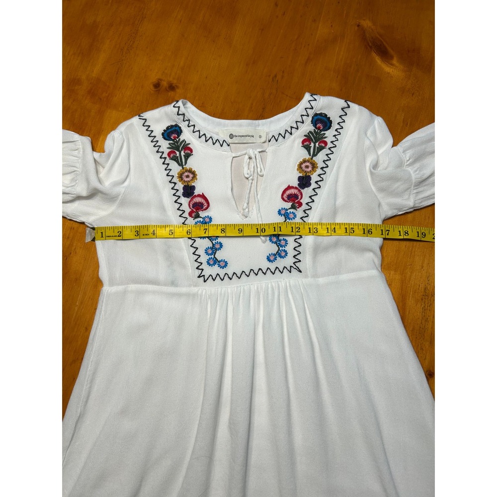 The Impeccable Pig White Embroidered Boho Babydoll Blouse Floral Cottage Hippie - Picture 6 of 13